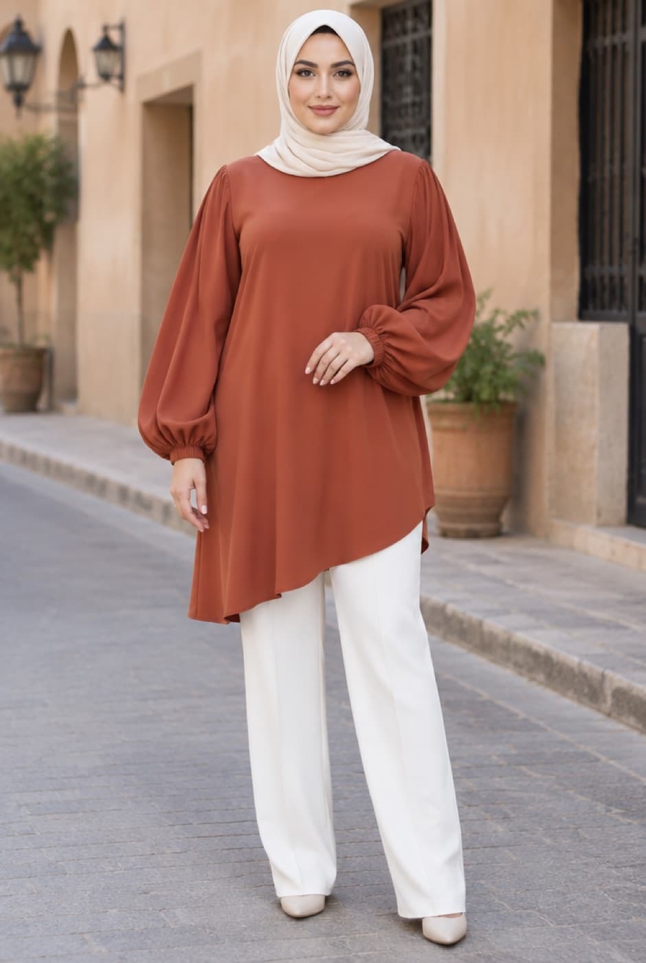Long Bishop-Sleeve Blouse